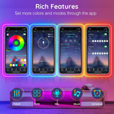 Smartphone app interface with various features on a colorful background